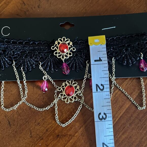 isc Black Lace Choker Necklace with Gold & Red Beads and Chains 3" Drop - Picture 3 of 4
